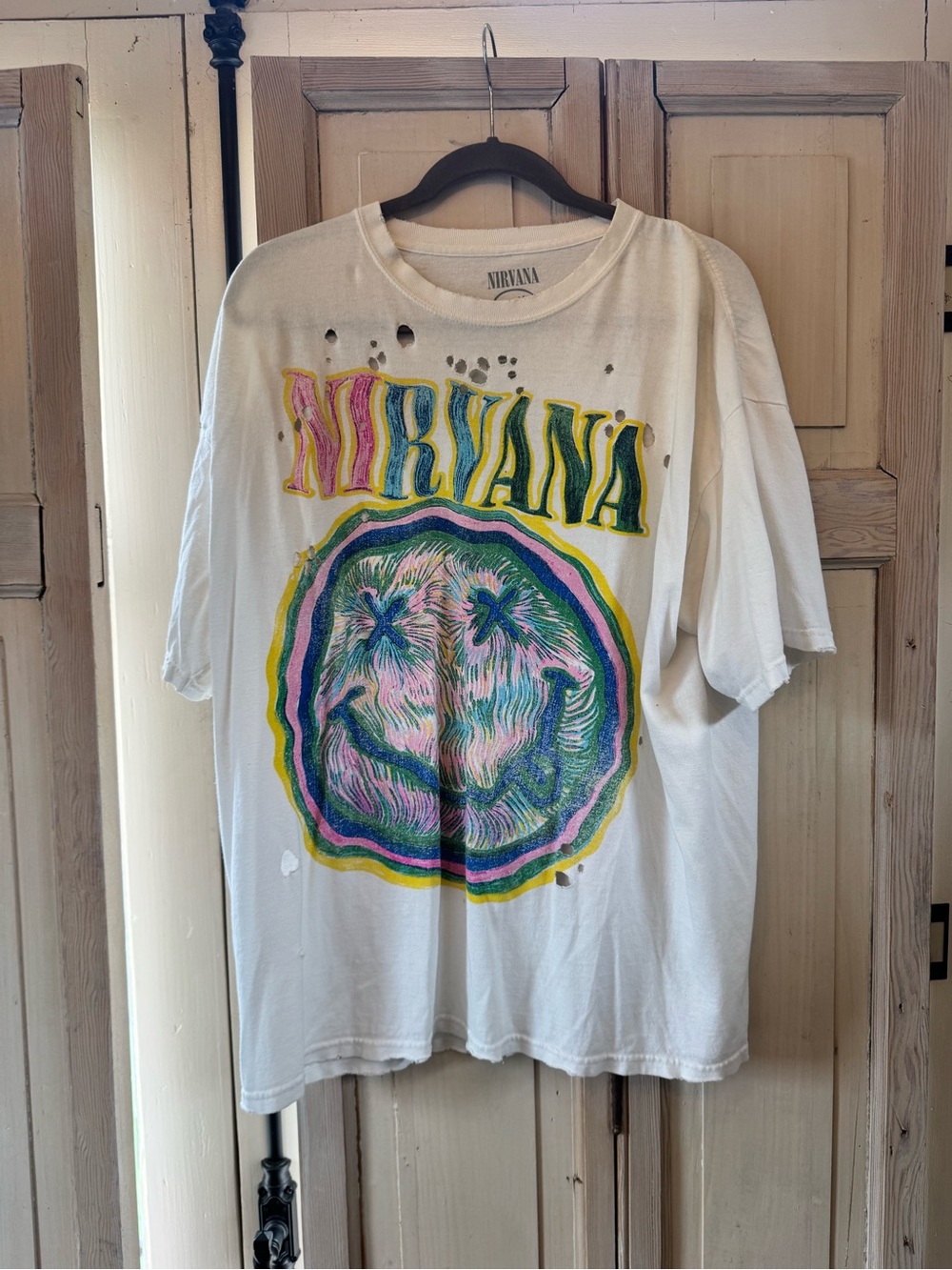 NIRVANA White Tee with Pink Blue Yellow Green Psychedelic Smiley